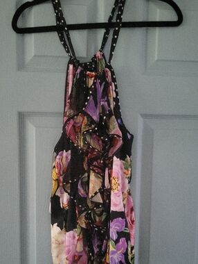 Black Floral Halter Maxi Dress with Pink & Purple Blooms